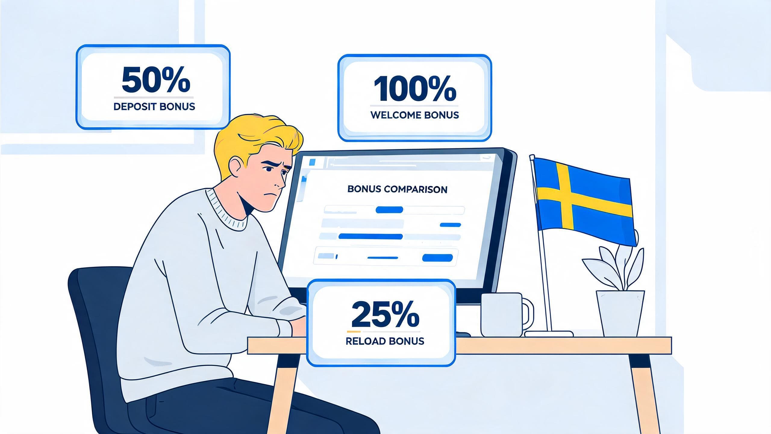 Svensk spelare som jämför bonuserbjudanden